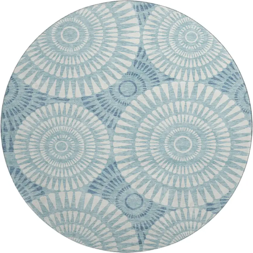 8' Teal And Ivory Geometric Washable Round Rug With UV Protection Photo 1