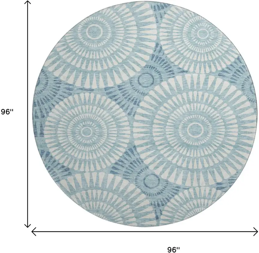 8' Teal And Ivory Geometric Washable Round Rug With UV Protection Photo 9