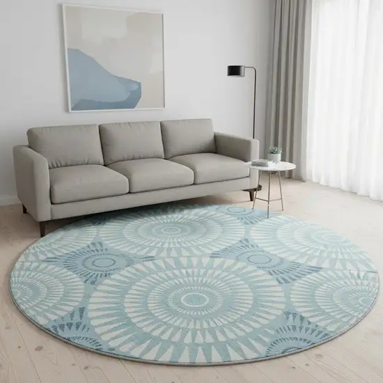 8' Teal And Ivory Geometric Washable Round Rug With UV Protection Photo 2