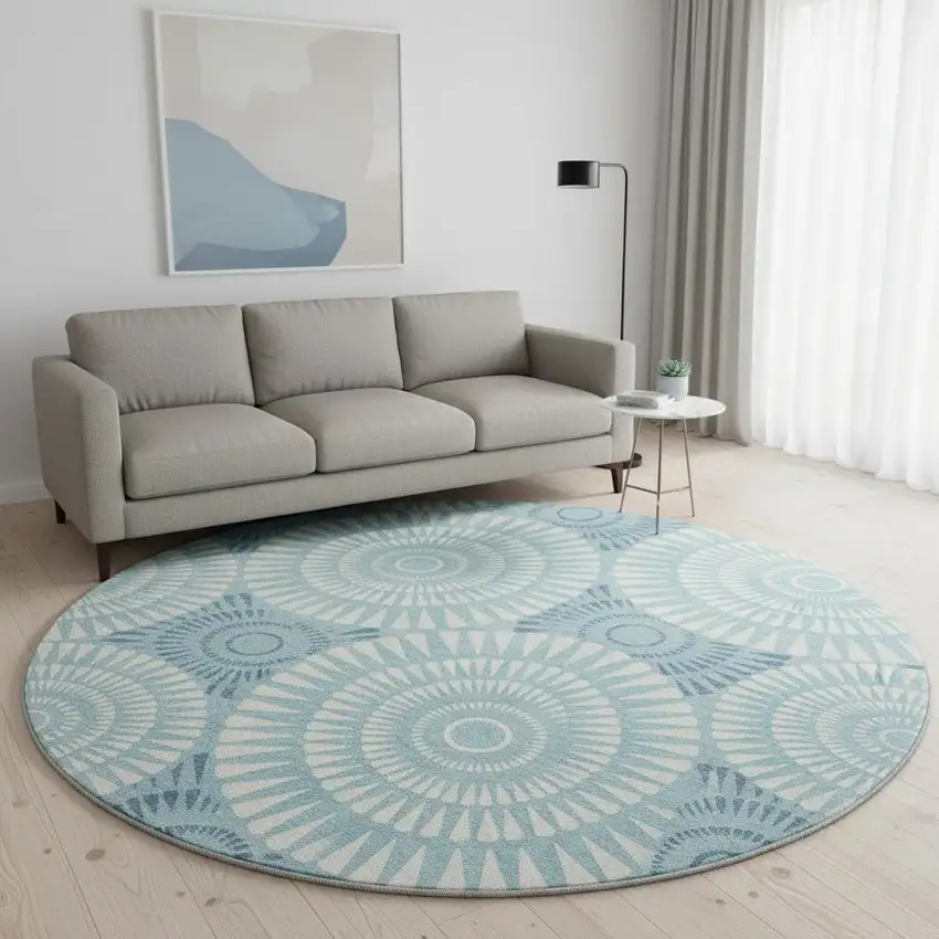 8' Teal And Ivory Geometric Washable Round Rug With UV Protection Photo 2
