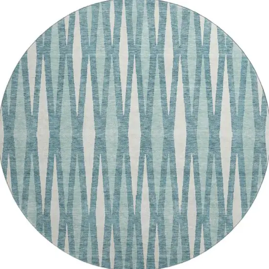 8' Teal And Ivory Geometric Washable Round Rug With UV Protection Photo 4
