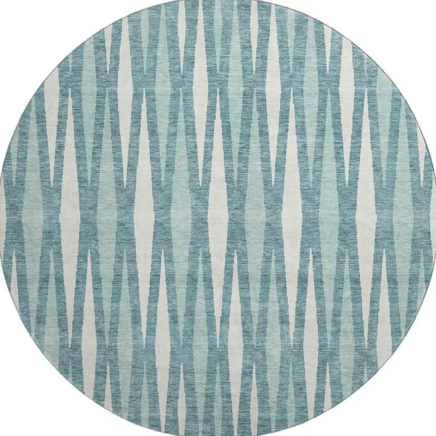 8' Teal And Ivory Geometric Washable Round Rug With UV Protection Photo 4