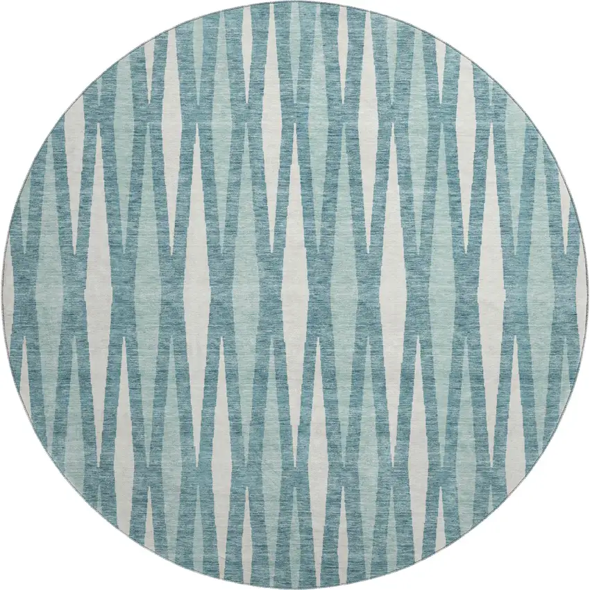 8' Teal And Ivory Geometric Washable Round Rug With UV Protection Photo 1