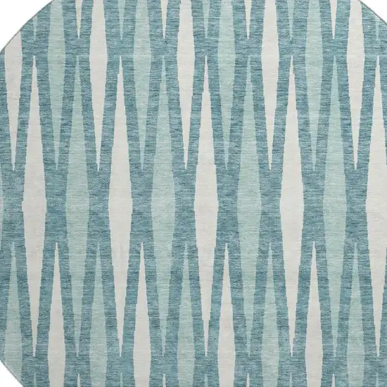 8' Teal And Ivory Geometric Washable Round Rug With UV Protection Photo 3