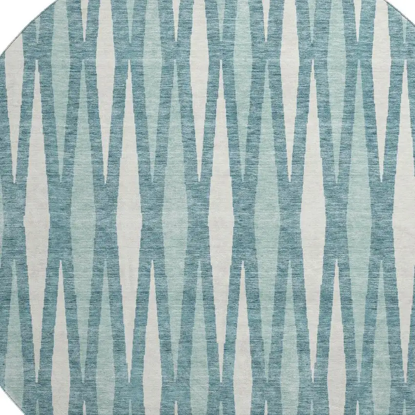 8' Teal And Ivory Geometric Washable Round Rug With UV Protection Photo 3