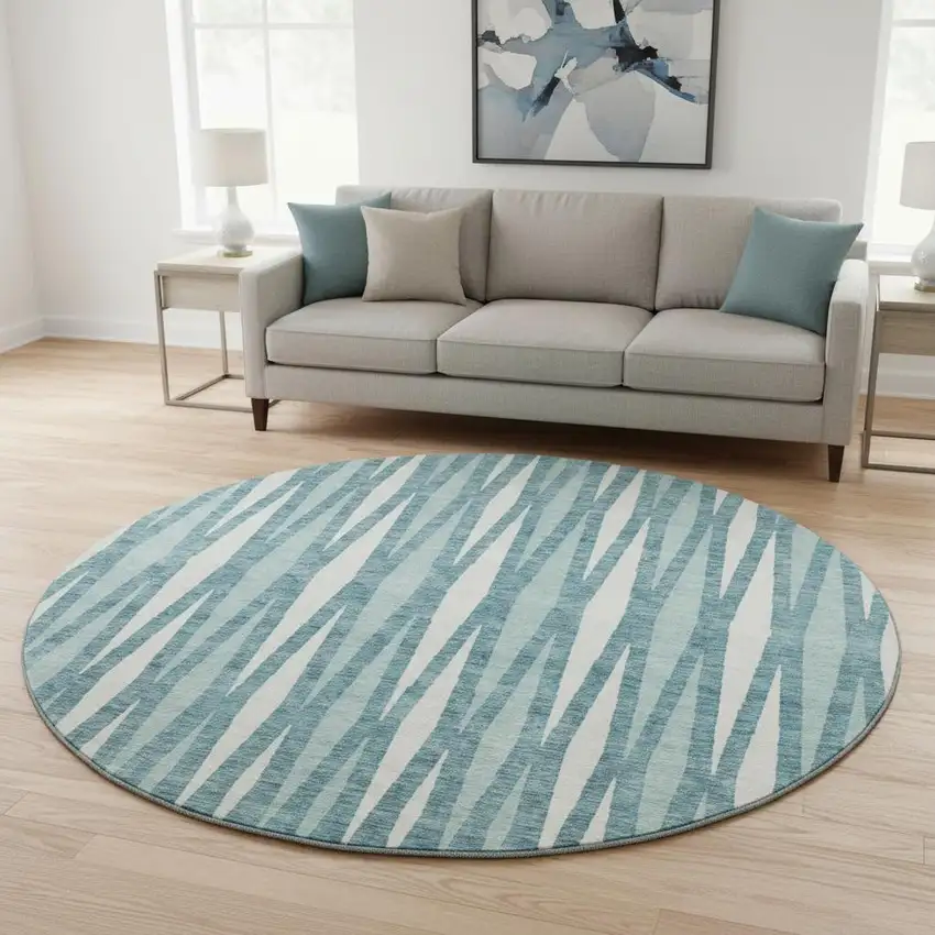 8' Teal And Ivory Geometric Washable Round Rug With UV Protection Photo 2