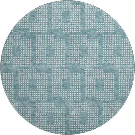 8' Teal And Ivory Geometric Washable Round Rug With UV Protection Photo 1