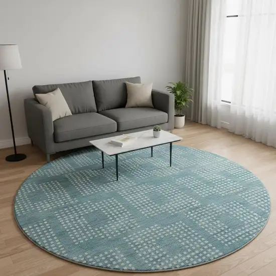 8' Teal And Ivory Geometric Washable Round Rug With UV Protection Photo 2