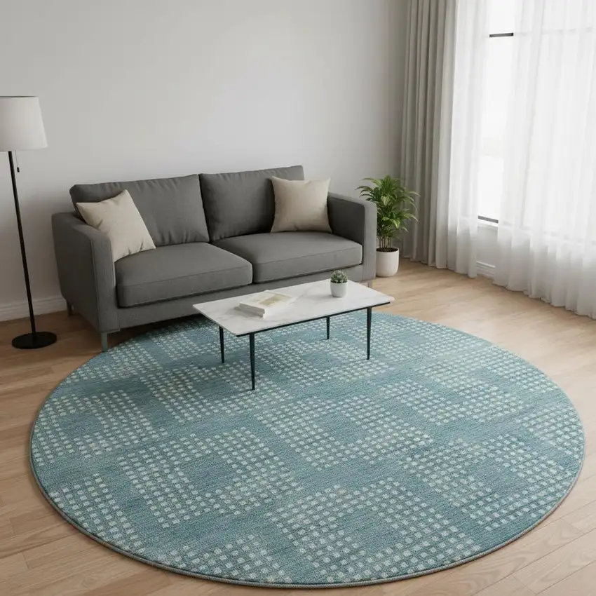 8' Teal And Ivory Geometric Washable Round Rug With UV Protection Photo 2