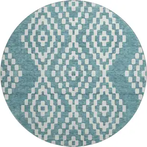 Photo of 8' Teal And Ivory Geometric Washable Round Rug With UV Protection