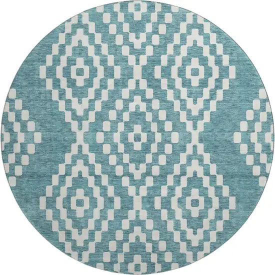 8' Teal And Ivory Geometric Washable Round Rug With UV Protection Photo 1