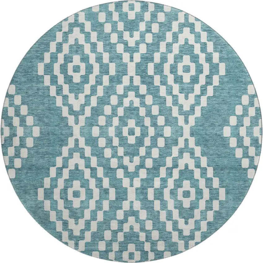 8' Teal And Ivory Geometric Washable Round Rug With UV Protection Photo 1