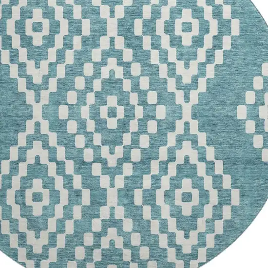 8' Teal And Ivory Geometric Washable Round Rug With UV Protection Photo 3