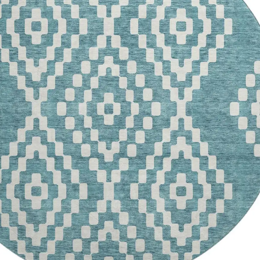 8' Teal And Ivory Geometric Washable Round Rug With UV Protection Photo 3