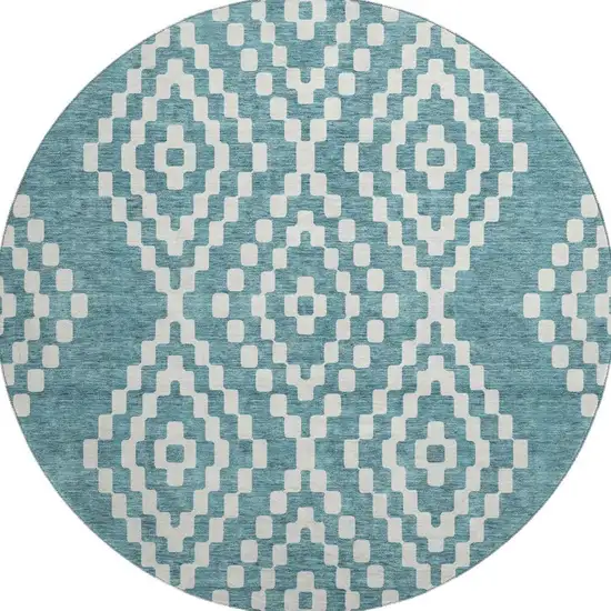 8' Teal And Ivory Geometric Washable Round Rug With UV Protection Photo 4