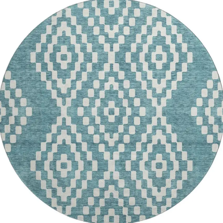 8' Teal And Ivory Geometric Washable Round Rug With UV Protection Photo 4