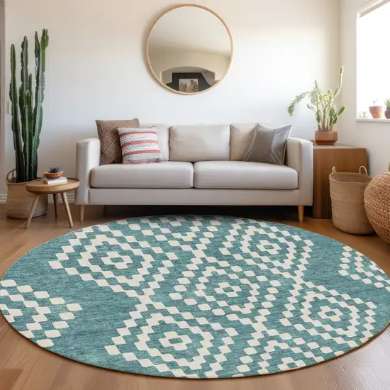 8' Teal And Ivory Geometric Washable Round Rug With UV Protection Photo 5