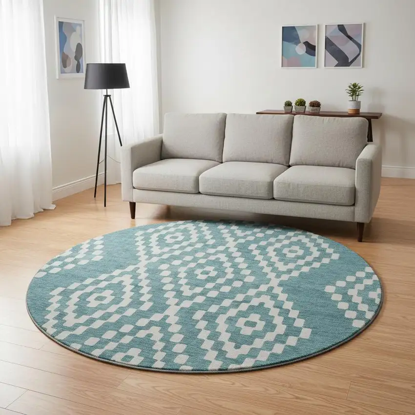 8' Teal And Ivory Geometric Washable Round Rug With UV Protection Photo 2