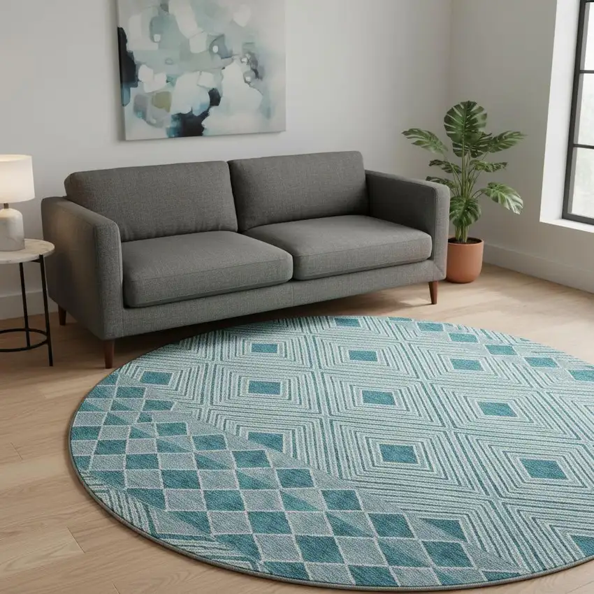 8' Teal And Ivory Geometric Washable Round Rug With UV Protection Photo 2