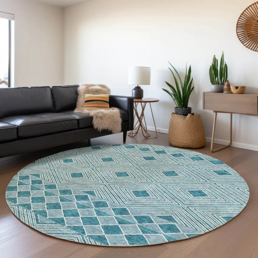 8' Teal And Ivory Geometric Washable Round Rug With UV Protection Photo 3