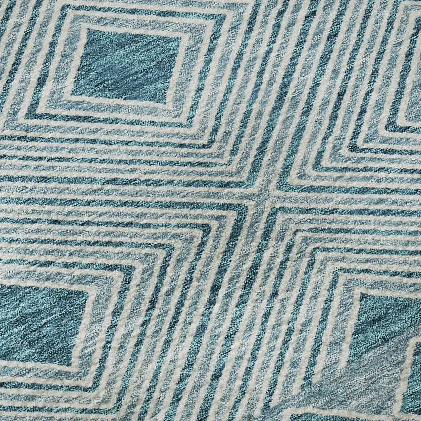 8' Teal And Ivory Geometric Washable Round Rug With UV Protection Photo 7