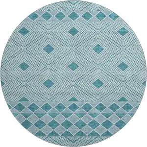 Photo of 8' Teal And Ivory Geometric Washable Round Rug With UV Protection