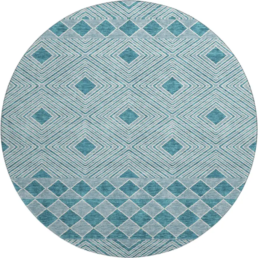8' Teal And Ivory Geometric Washable Round Rug With UV Protection Photo 1
