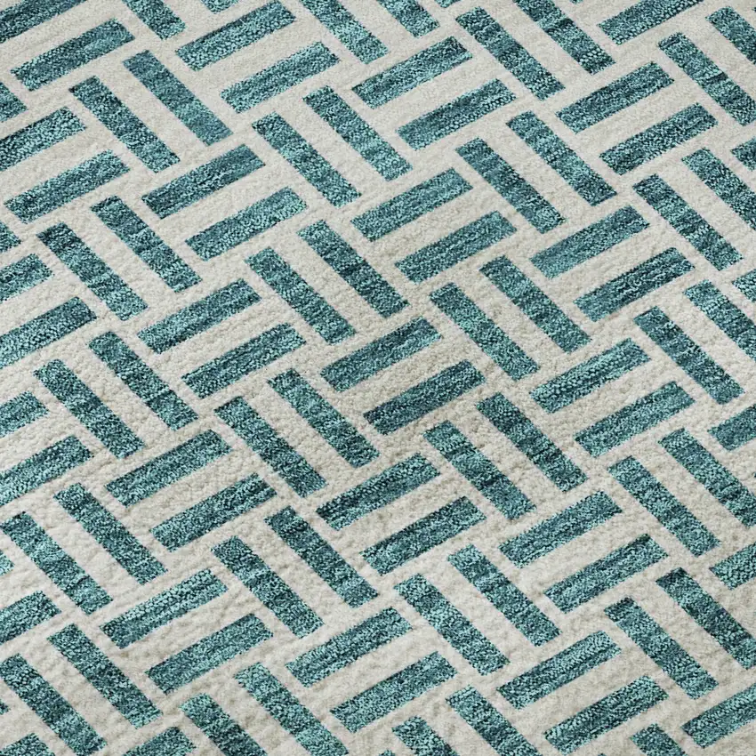 8' Teal And Ivory Geometric Washable Round Rug With UV Protection Photo 9