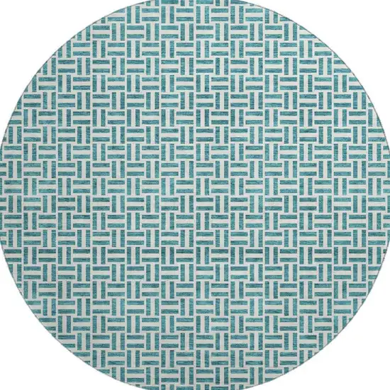 8' Teal And Ivory Geometric Washable Round Rug With UV Protection Photo 4