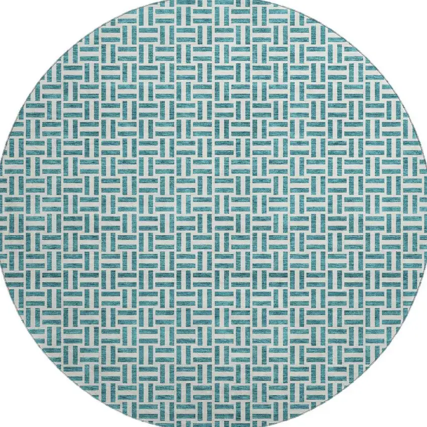 8' Teal And Ivory Geometric Washable Round Rug With UV Protection Photo 4