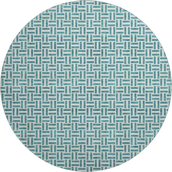 8' Teal And Ivory Geometric Washable Round Rug With UV Protection Photo 1