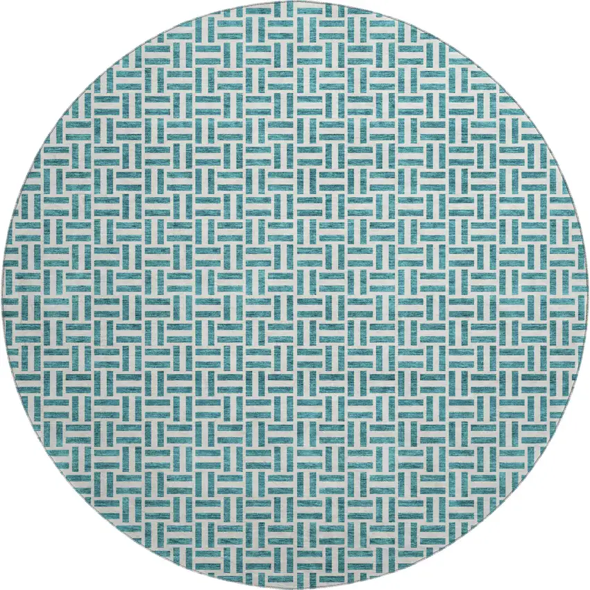 8' Teal And Ivory Geometric Washable Round Rug With UV Protection Photo 1