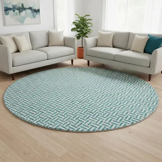 8' Teal And Ivory Geometric Washable Round Rug With UV Protection Photo 2