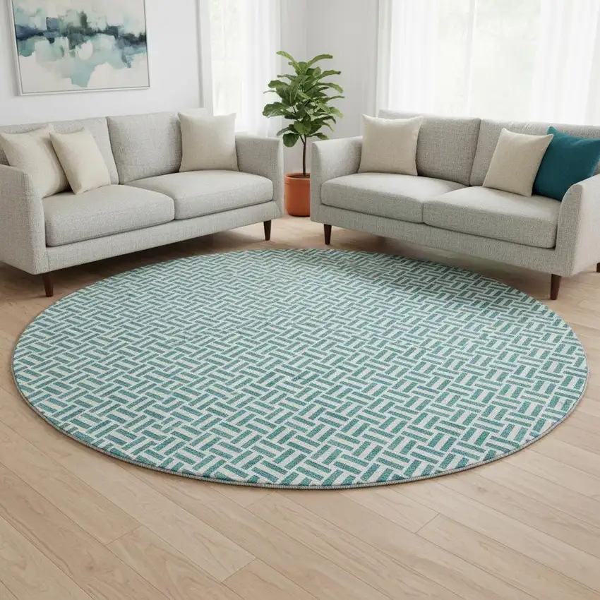 8' Teal And Ivory Geometric Washable Round Rug With UV Protection Photo 2
