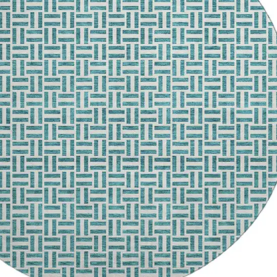 8' Teal And Ivory Geometric Washable Round Rug With UV Protection Photo 3
