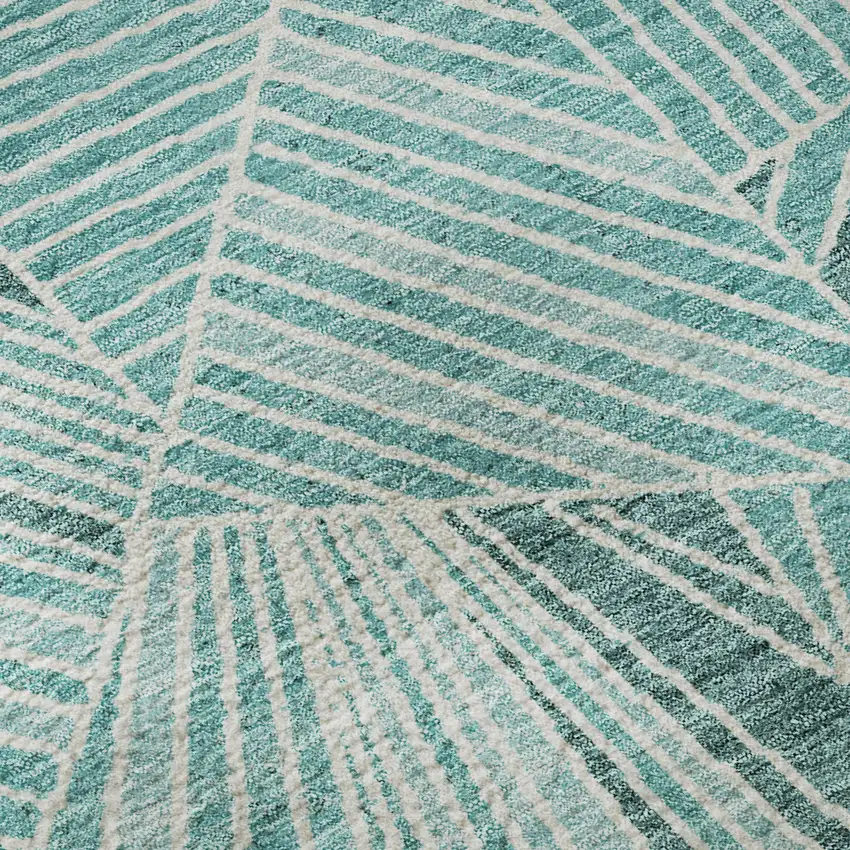 8' Teal And Ivory Geometric Washable Round Rug With UV Protection Photo 9