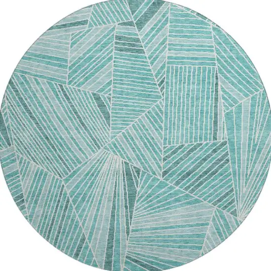 8' Teal And Ivory Geometric Washable Round Rug With UV Protection Photo 4
