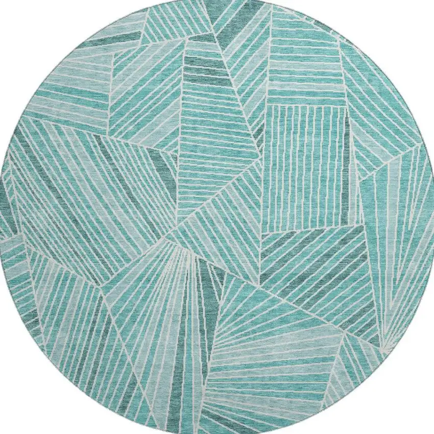 8' Teal And Ivory Geometric Washable Round Rug With UV Protection Photo 4