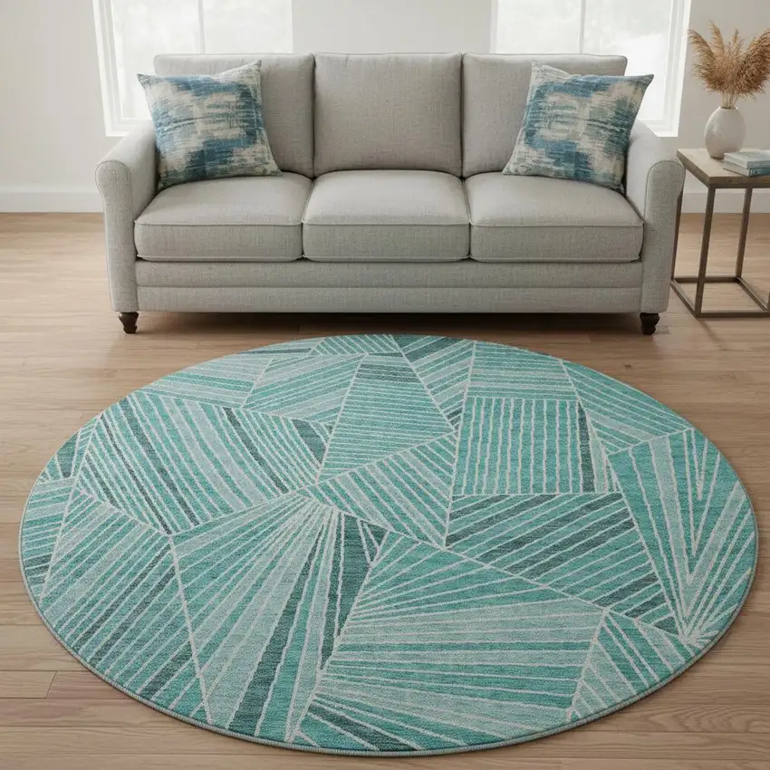 8' Teal And Ivory Geometric Washable Round Rug With UV Protection Photo 2