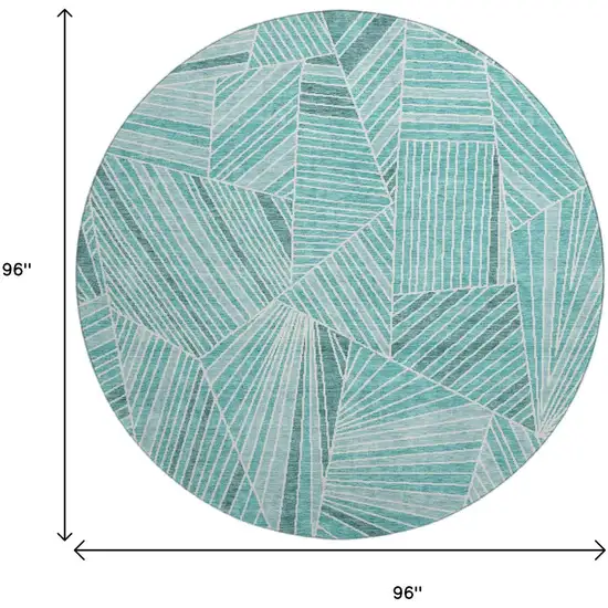 8' Teal And Ivory Geometric Washable Round Rug With UV Protection Photo 3