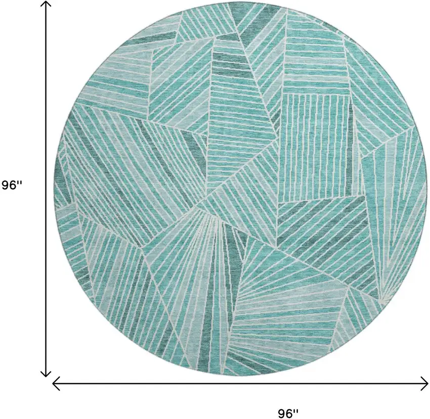 8' Teal And Ivory Geometric Washable Round Rug With UV Protection Photo 3