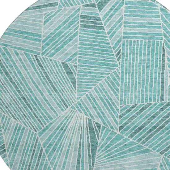 8' Teal And Ivory Geometric Washable Round Rug With UV Protection Photo 3