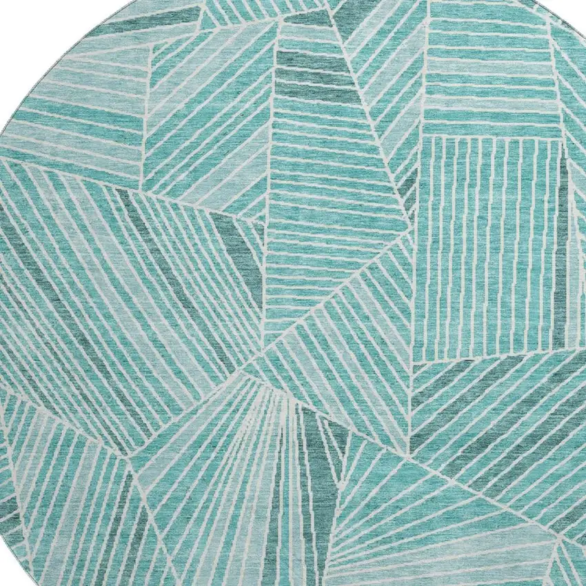 8' Teal And Ivory Geometric Washable Round Rug With UV Protection Photo 3