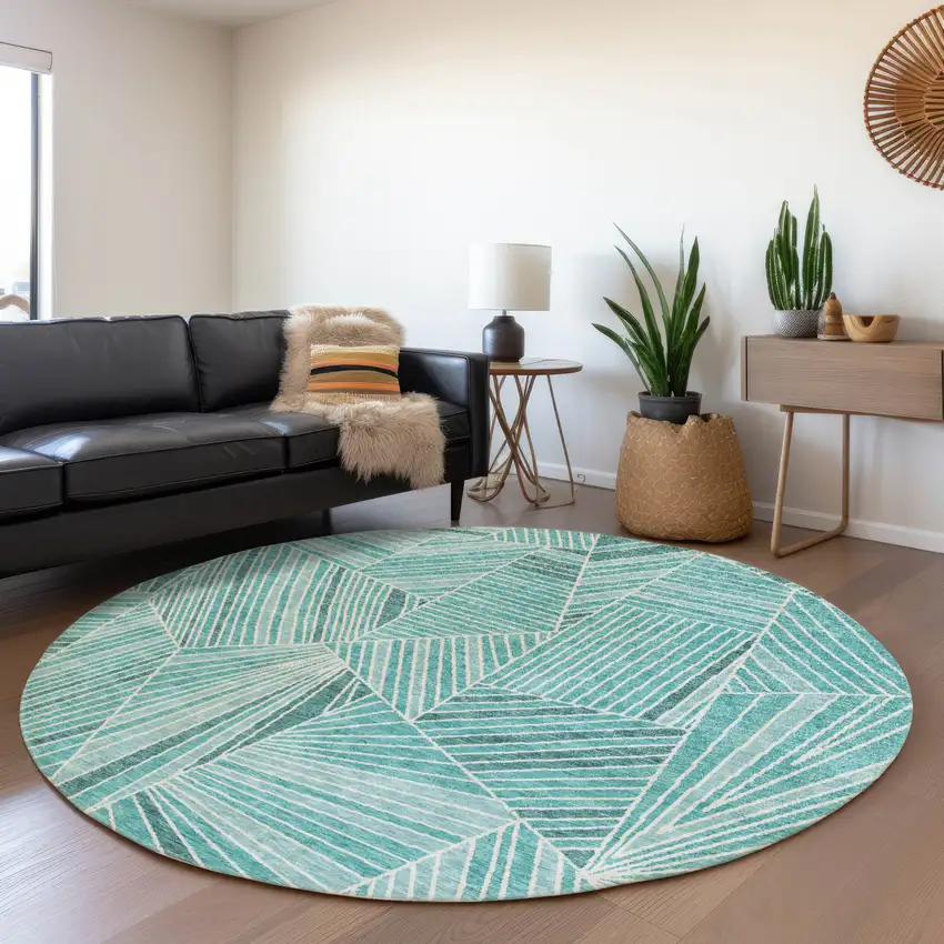 8' Teal And Ivory Geometric Washable Round Rug With UV Protection Photo 5