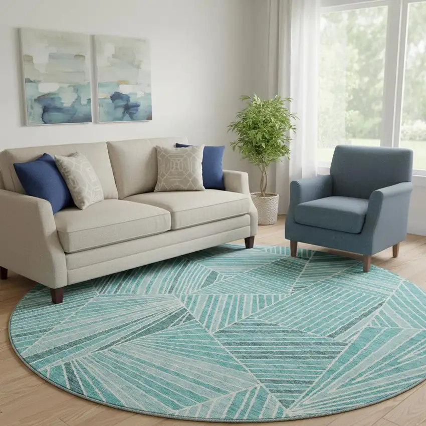 8' Teal And Ivory Geometric Washable Round Rug With UV Protection Photo 1