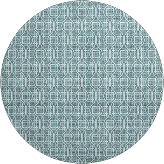 8' Teal And Ivory Geometric Washable Round Rug With UV Protection Photo 1