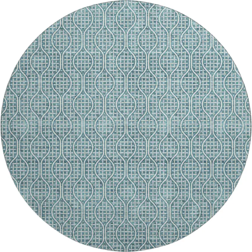 8' Teal And Ivory Geometric Washable Round Rug With UV Protection Photo 1