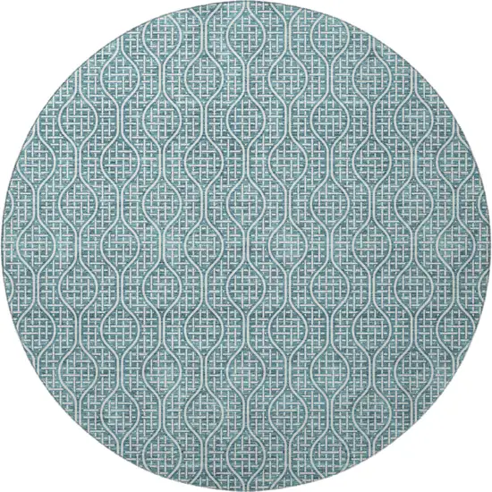 8' Teal And Ivory Geometric Washable Round Rug With UV Protection Photo 3