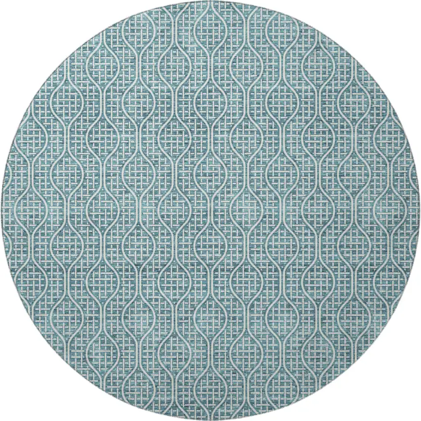 8' Teal And Ivory Geometric Washable Round Rug With UV Protection Photo 3
