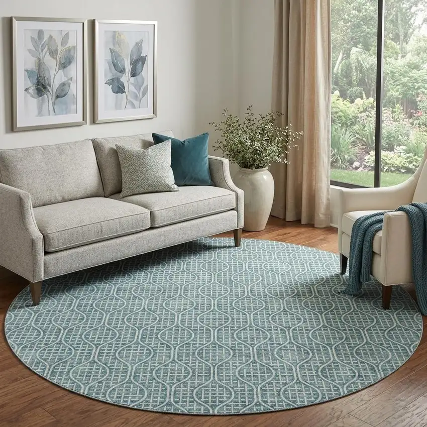 8' Teal And Ivory Geometric Washable Round Rug With UV Protection Photo 1